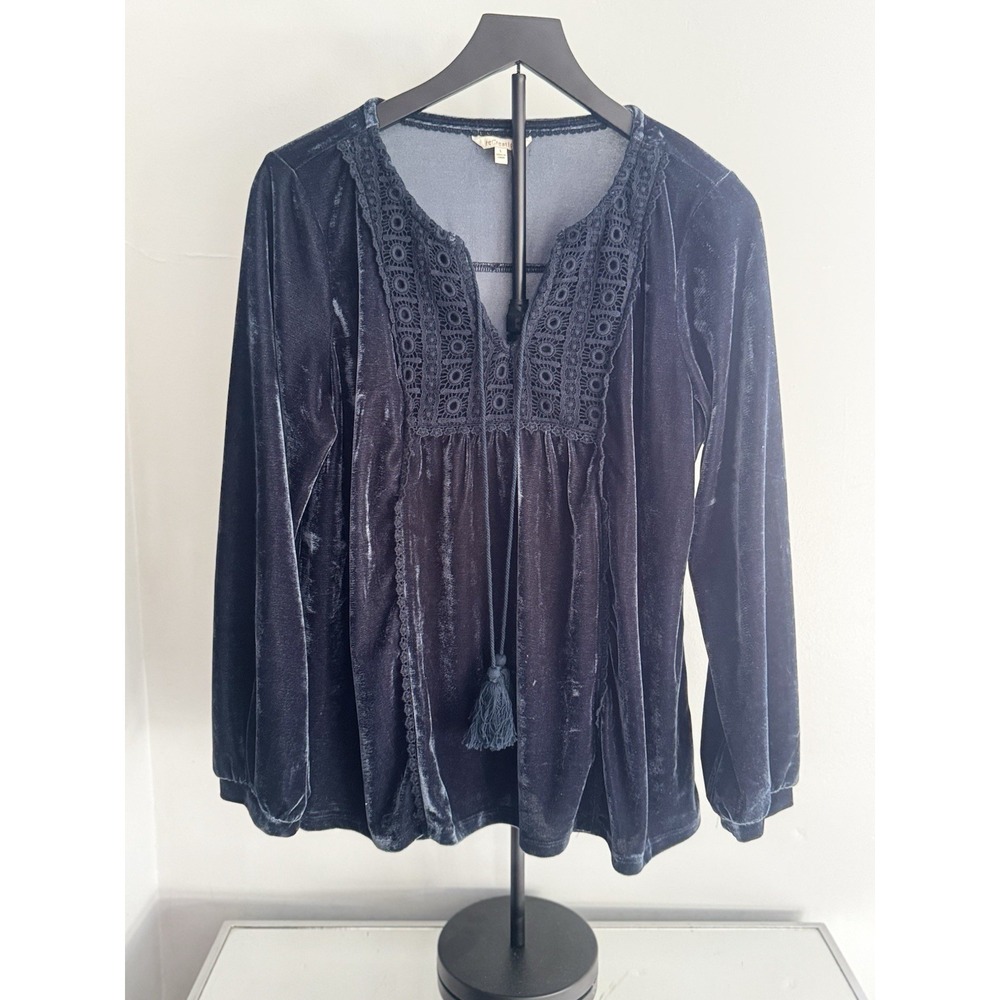 reCreation Navy Blue Velvet Boho Sz L‎ Peasant Top Crochet Trim Tassel Blouse